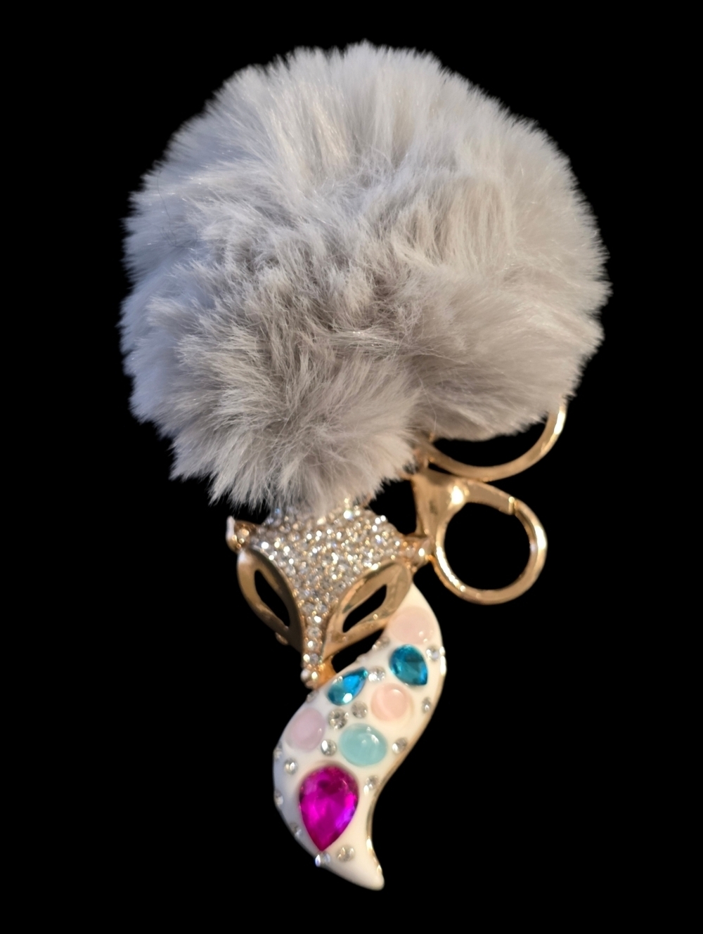 Glam Grey Fox Pom Charm Keychain Designer Style 2.5”